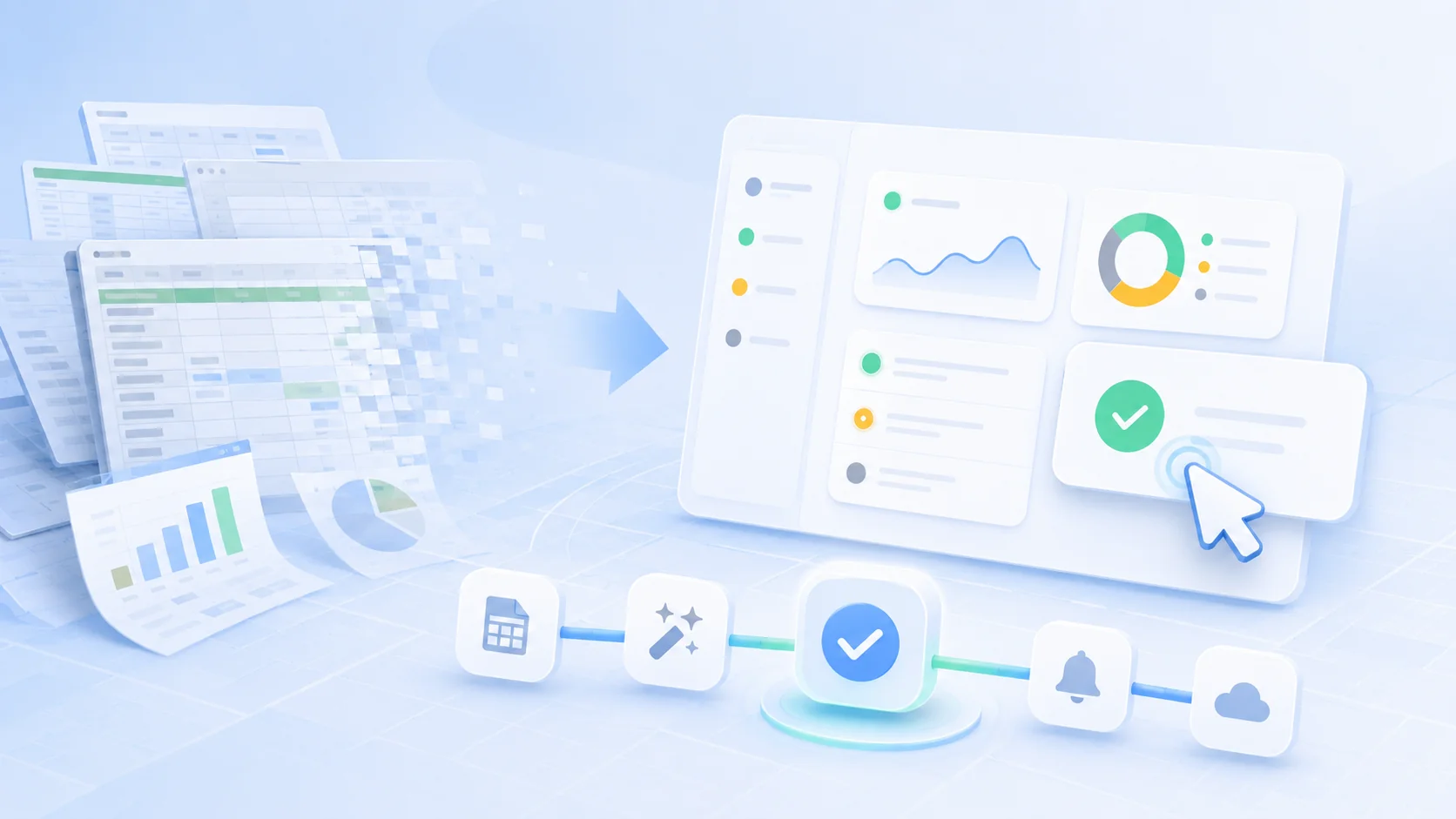 Ilustração de automação: planilhas se transformando em dashboard organizado