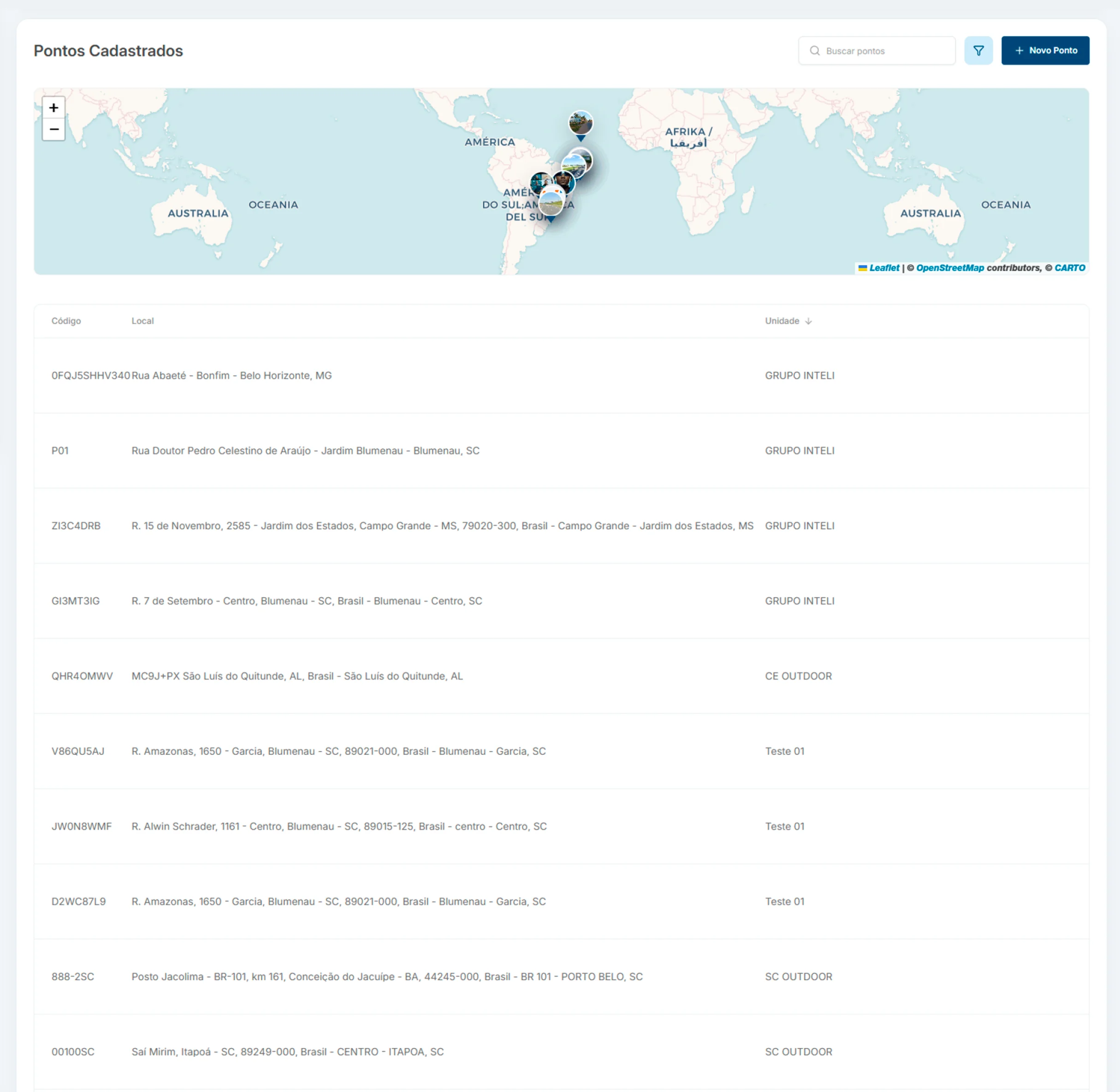 Tela do Dispomídias com a lista de pontos de mídia cadastrados, mapa e status de cada ponto