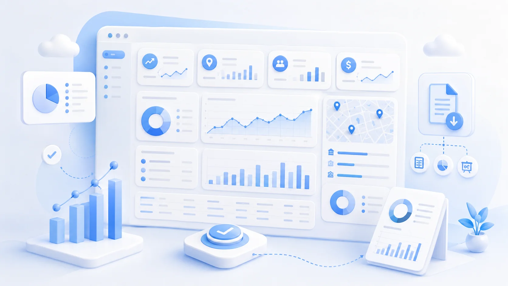 Ilustração de relatórios e dashboards do Dispomídias para decidir com dados