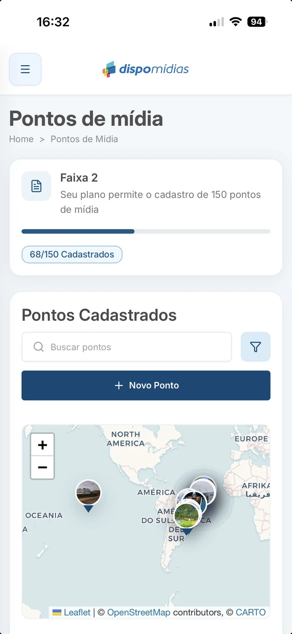 Tela de pontos de mídia com mapa, aberta no celular no Dispomídias
