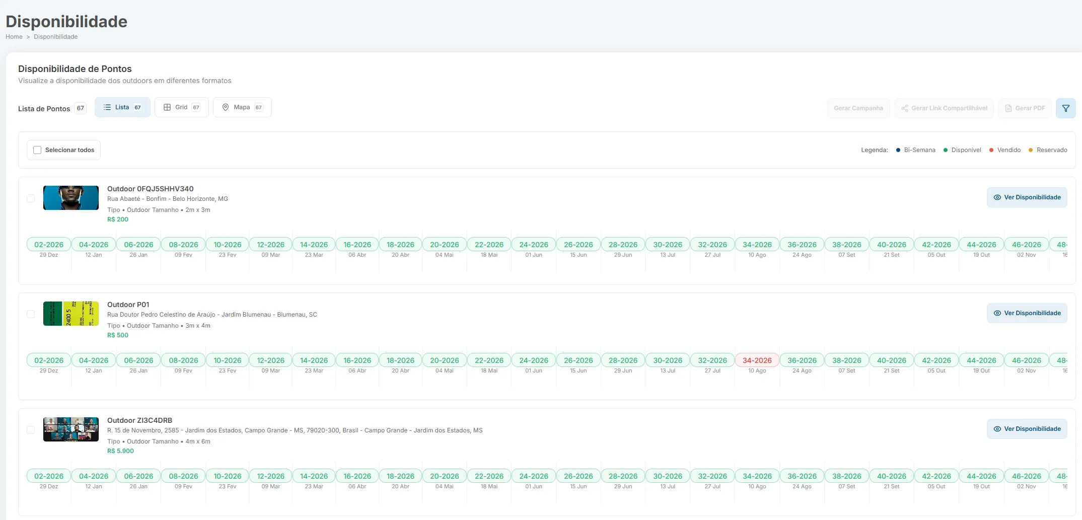 Tela do Dispomídias com a lista de disponibilidade de todos os pontos, mostrando bi-semanas disponíveis, vendidas e reservadas